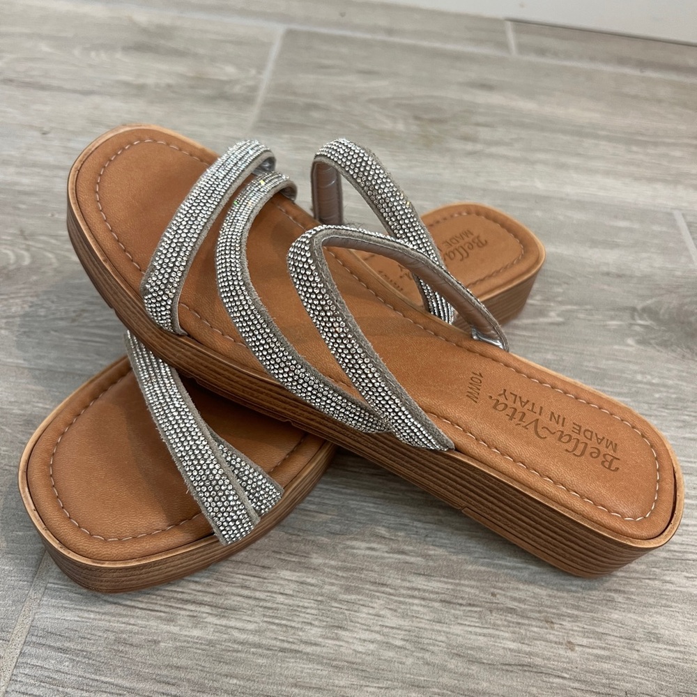 BELLA VITA Women's Metallic Ona-Italy Rhinestone Slip On Wedge Sandals